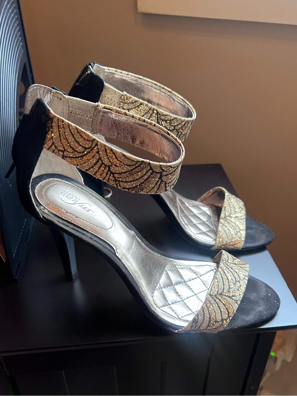Alfani Black and Gold Beaded Ankle-Strap Heels